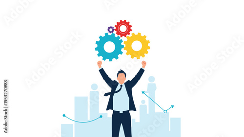 Excited businessman celebrating success with his arms raised while colorful mechanical gears rotate above his head.