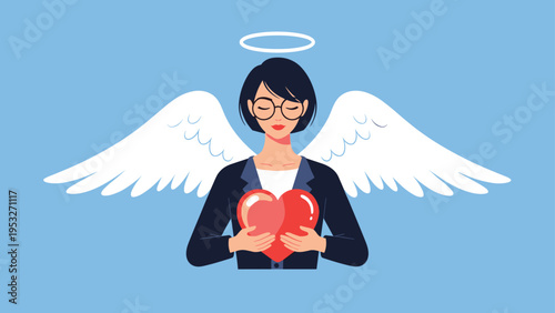Businesswoman depicted as a peaceful angel with white wings and a golden halo holding a large red heart with love.