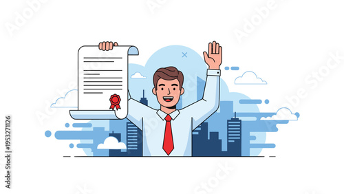 Happy male professional holding up a signed certificate or contract in triumph with a modern city skyline backdrop.