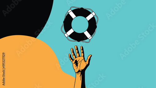 Human hand reaching out for a black and white lifebuoy ring symbol against a vibrant orange and turquoise background.