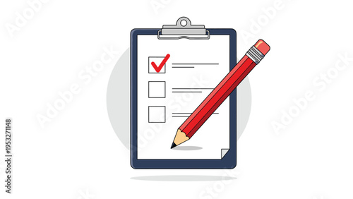 Clipboard with a checklist and a single red checkmark sitting next to a red pencil for completing important tasks.