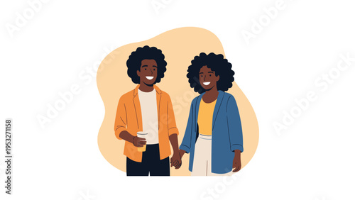 Happy young African American couple holding hands and smiling while standing together against a warm beige background.