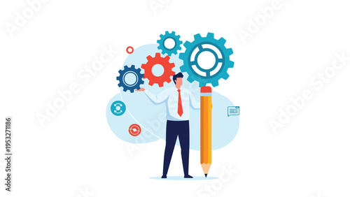 Businessman in a white shirt and red tie standing next to a giant pencil with colorful gears representing innovation.