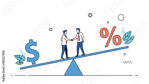 Two businessmen shaking hands while balancing on a seesaw between a blue dollar sign and a red percentage symbol.