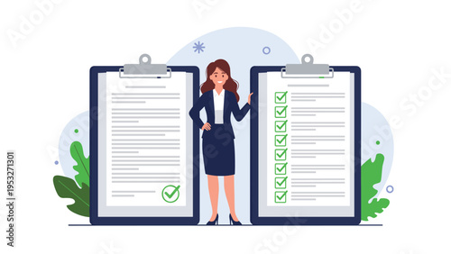 Professional businesswoman comparing two large clipboards with an empty checklist and a completed one with green marks.