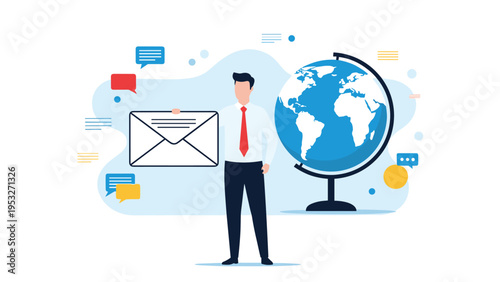 Businessman holding a large white envelope next to a world globe representing international mail and global communication.