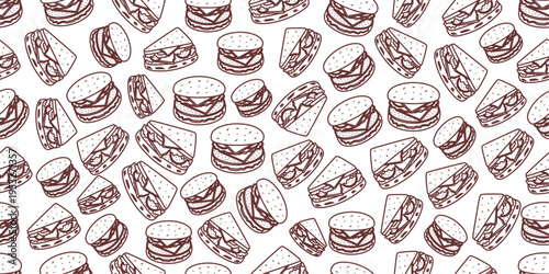 Sandwich and burger doodle seamless pattern. Sandwich and burger sketch pattern background. Seamless sandwich and hamburger outline pattern background. 