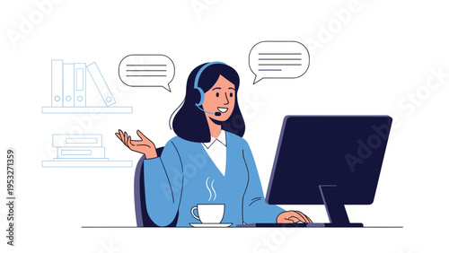 Smiling female customer support representative wearing headset working at computer in modern office with speech bubbles.