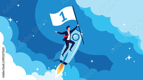 Ambitious businessman in suit riding a fast rocket holding a number one flag towards sky with clouds and stars background.