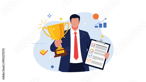 Successful corporate businessman holding gold trophy cup and checklist with marks for achievement in office environment.