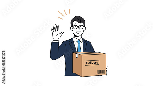 Friendly professional businessman holding a cardboard delivery box and waving his hand on clean white background for service.