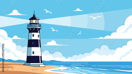 Scenic view of a lighthouse standing on a sandy beach during daylight with birds flying in the clear blue sky above ocean.