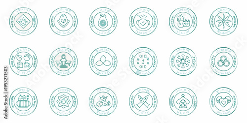 Collection of hand drawn teal oval emblems with various symbolic icons