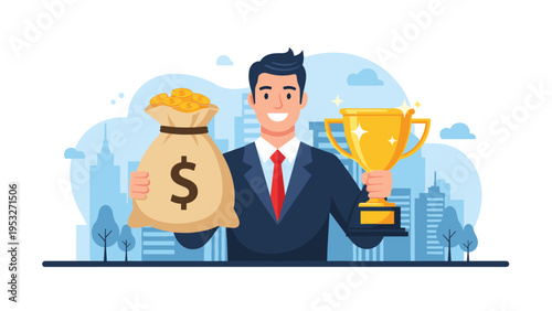 Joyful businessman in blue suit holding a large money bag and a golden trophy cup in front of a modern city skyline.