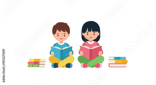 A cute vector illustration of two children, a boy and a girl, sitting cross-legged while reading books, surrounded by stacks of colorful books.