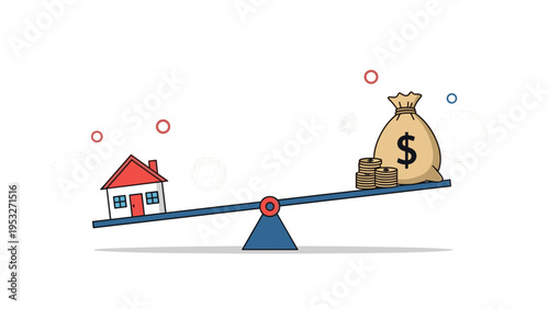 Small red house and a large bag of money balanced on a blue seesaw illustrating real estate investment and property value.