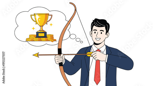 Businessman aiming a bow and arrow at a thought bubble containing a gold trophy and coins for setting high career goals.