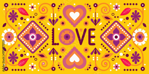 Colorful floral pattern with the word love in the center