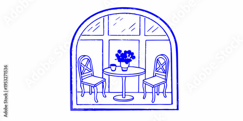 A simple blue line drawing of a cafe seating area inside an arch