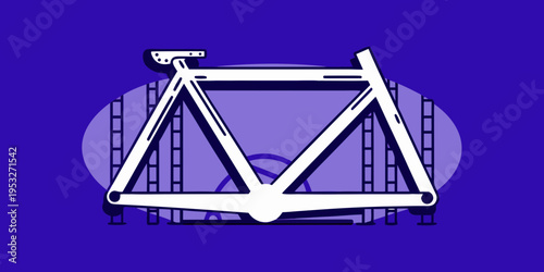 Minimalist illustration of a bicycle frame against a purple background