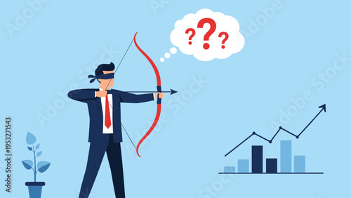 Blindfolded businessman aiming a bow and arrow towards a growth chart and bar graph representing risky business strategy.
