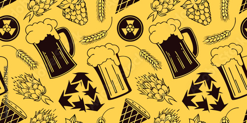 Seamless pattern of beer mugs hops and barley on yellow background