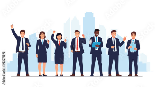 Group of diverse professional business people cheering and celebrating success together in front of a city skyline backdrop.