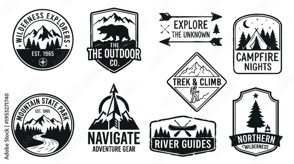 Fototapeta premium Set of outdoor-themed badges featuring mountains, camping, and adventure activities in classic black and white style