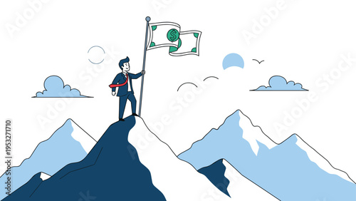 Successful businessman standing on top of a snowy mountain peak holding a flag with a dollar sign for financial achievement.