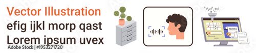 Artificial intelligence, speech recognition, data management, online security, smart technology, digital workflow. Plant on a cabinet, voice command login screen. Speech recognition and data