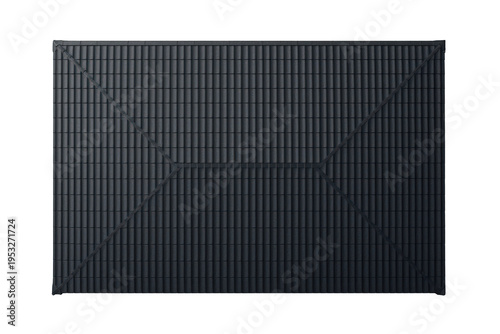 House roof with dark gray tiled surface, featuring a hip roof design structure, seen from an aerial top perspective. Transparent background