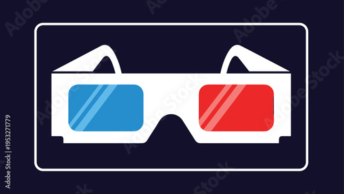 Pair of white 3D glasses with red and blue lenses isolated on a dark blue background for cinema and entertainment.