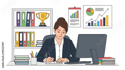 Focused professional woman sitting at her office desk writing notes while surrounded by success trophies and charts.