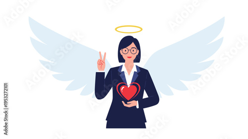 Angelic businesswoman with wings and a halo making a victory sign while holding a glowing red heart symbol of care.