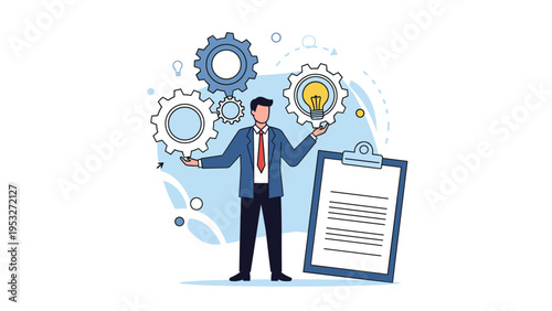 Multitasking businessman managing moving gears with one gear containing a light bulb idea beside a large clipboard.