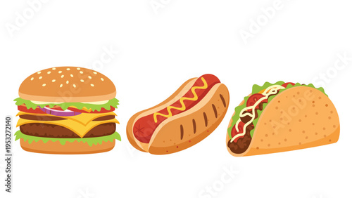 Delicious trio of popular fast food items featuring a classic hamburger, a hot dog with mustard, and a loaded taco.