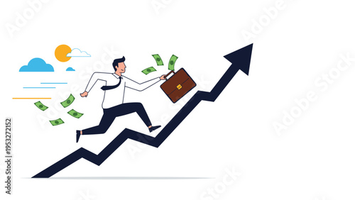 Ambitious businessman running upwards on a steep rising arrow graph with money flying out of his brown briefcase.