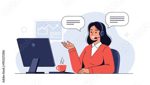 Friendly female customer service representative wearing a headset and talking while working at her computer desk.