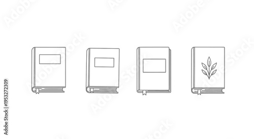 simple line art book icons featuring various designs with bookmarks and a plant motif ideal for education and reading projects.