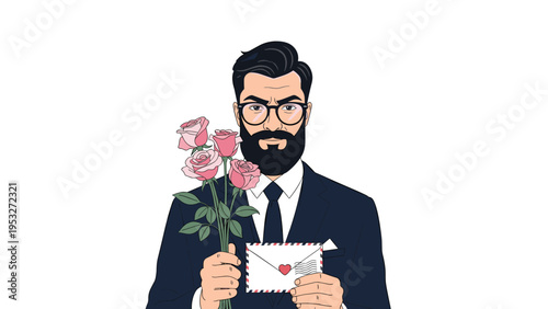 Romantic bearded businessman in a dark suit holding a bouquet of pink roses and a sealed love letter with a heart.