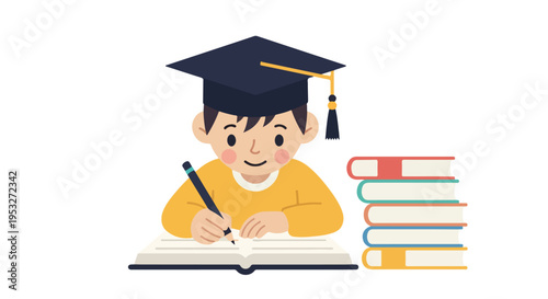 An adorable young boy wearing a graduation cap is diligently writing in an open notebook next to a colorful stack of books.
