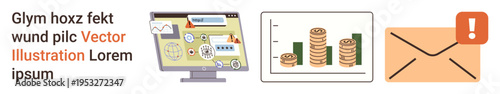 Digital security, financial management, analytics, online communication, email notifications, web services. Computer screen with security icons, bar graph with coins, envelope with alert symbol