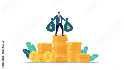Successful businessman standing on tall stacks of gold coins while holding two large blue money bags with dollar signs.