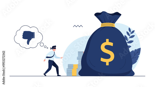 Blindfolded businessman with a thumbs down thought bubble walking towards a giant money bag representing bad risk.