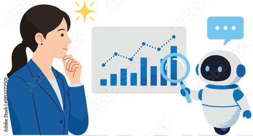 AI-powered data analysis assists a businesswoman in making informed decisions and understanding market trends for strategic growth and future planning