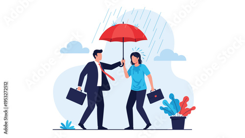 Kind businessman holds a red umbrella to protect a colleague from the rain symbolizing support and professional assistance.
