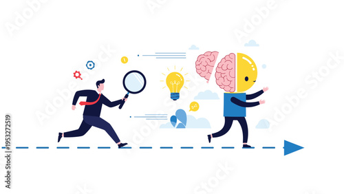 Determined professional with a magnifying glass chases a personified lightbulb head representing a creative and intelligent idea.