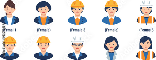 Diverse vector avatar set depicting professional women across various career roles, including business executives, engineers, and construction workers, representing modern workforce diversity