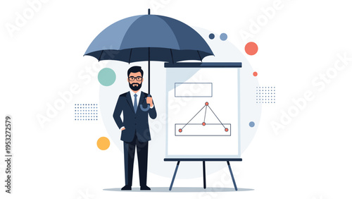Professional man in a suit holds a large blue umbrella over a presentation board to signify business protection and security.