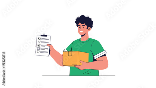 Friendly delivery man in a green shirt holds a package and a completed checklist representing efficient shipping service.